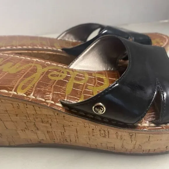 SAM EDELMAN Reid Cork Black Wedge‎ Sandals Size 9.5 M Slip On - Picture 9 of 11